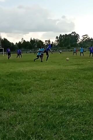 The video shows a group of people playing soccer on a grassy field. The players are wearing blue and black uniforms. They are kicking and heading a soccer ball. There are trees and buildings in the background. The sky is cloudy. A person in a gray and orange shirt and dark blue shorts stands on the sidelines watching the game. An orange cone is on the ground near the person on the sidelines.