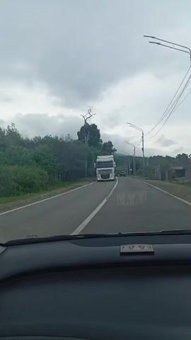 The video shows a view from inside a vehicle traveling on a paved road. The sky is overcast. On the left side of the road, there are trees and vegetation, with a fence running alongside. On the right side of the road, there are streetlights, utility poles with wires, and a wall with a gate. Traffic is visible on the road, including a large white truck, several cars, and a white van. The vehicle from which the video is recorded is moving forward, and the traffic ahead is also moving. The road has white lines marking the lanes.