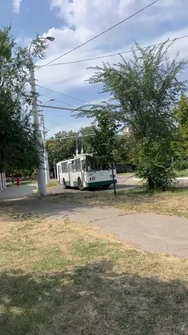 A white and green trolleybus is parked on a street. It is a sunny day with a blue sky and white clouds. Trees and grass surround the trolleybus. Overhead wires are visible, indicating that this is a trolleybus route.