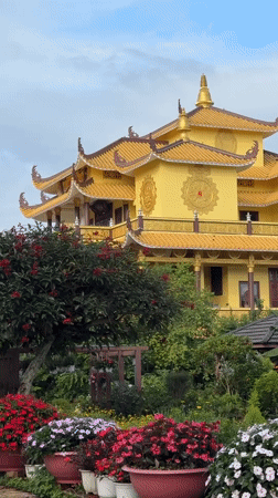 Golden Buddhist temple documented in Da Lat gardens