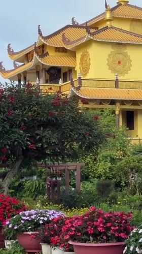 Golden Buddhist temple documented in Da Lat gardens