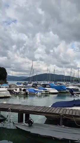 A panoramic view of a marina under a cloudy sky. The foreground shows a wooden dock with several boats moored to it. The boats are covered with tarps in various colors, including blue and gray. In the background, a large number of sailboats are anchored, their masts extending towards the sky. Behind the marina, a tree-covered hill or mountain range forms the horizon. The water appears calm, reflecting the overcast sky. The overall scene suggests a quiet, possibly cool day at the harbor.