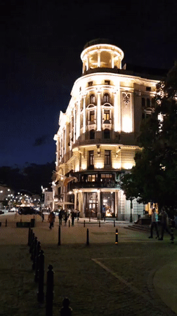 Nighttime architectural tour documented in central Warsaw, Poland