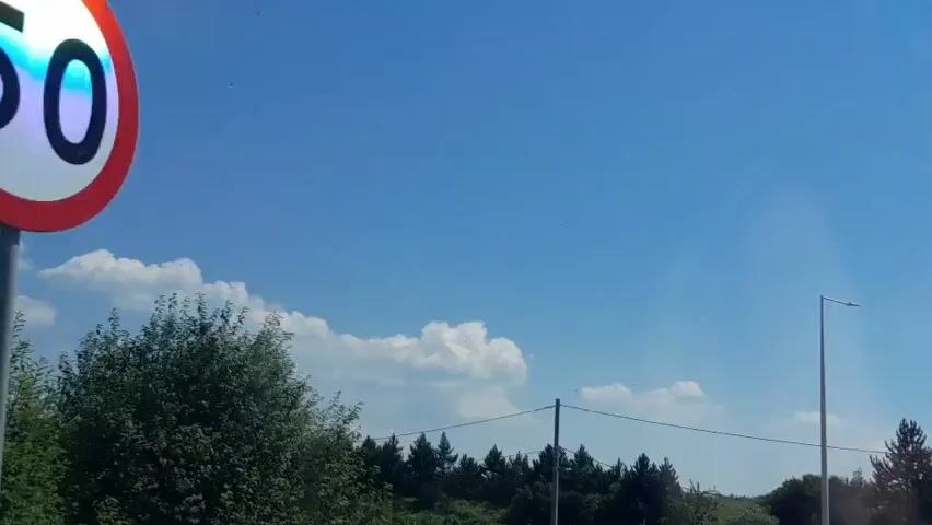 The video shows a bright blue sky with scattered white clouds. In the foreground, there are trees and a tall, white pole. The trees are green and leafy, and they appear to be in a natural setting. The pole is smooth and cylindrical, and it is positioned vertically in the frame. The overall impression is one of a clear, sunny day.