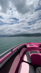 Pink speedboat spotted on waters near Chirkey, Russia