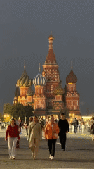 Evening views of illuminated Saint Basil's Cathedral in Moscow