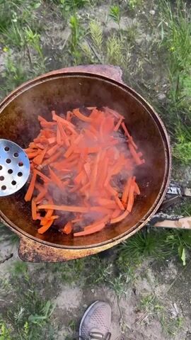 This video shows a close-up, top-down view of a large, rustic cast-iron cauldron filled with ingredients for a meal, likely pilaf, being cooked outdoors over a fire. The cauldron, showing signs of heavy use with some charring, sits on two metal supports above burning embers, visible on the right side of the frame. The food inside consists of thinly sliced, julienned carrots, which are a vibrant orange color, mixed with pieces of dark meat, possibly beef or lamb, and some lighter-colored sliced onions. Steam rises visibly from the cauldron, indicating that the food is actively cooking. A perforated metal ladle is resting on the rim of the cauldron on the left side.

The setting appears to be a grassy outdoor area, with green grass and some dry dirt visible in the foreground and background. The lighting suggests it is daytime, possibly late afternoon or early evening, given the quality of light. The presence of a person's foot wearing a casual athletic shoe at the bottom of the frame provides a sense of scale and implies someone is actively tending to the cooking. There is no visible text in the video. The overall impression is one of rustic outdoor cooking, likely in a rural or natural environment, focused on preparing a hearty, traditional dish.