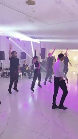A group of people are dancing in a brightly lit room. They appear to be performing a choreographed routine, with synchronized movements and poses. The room is decorated with what looks like stage lighting, and there are speakers set up. One individual is singing into a microphone, and a musician is playing an accordion in the background. The dancers are dressed in a mix of casual and performance wear, with some wearing black outfits with pink accents. The overall atmosphere seems to be energetic and celebratory.