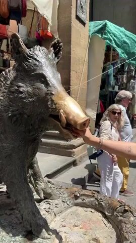 The video shows a bronze statue of a wild boar with a shiny nose in an outdoor setting with people around. A hand places a coin on the boar's nose, and it falls into the grate below. People are standing around, looking at the statue and interacting with it. A woman in white pants and a lace top is visible in the background on some steps. The surrounding area appears to be a narrow street in a city, with shops and buildings visible.