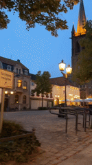 Krefeld city centre at dusk, around Lutherkirche
