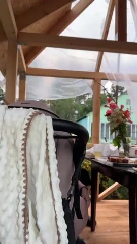The video shows a picnic table laden with food and drinks under a wooden gazebo with a plastic roof. A person's legs and a stroller are visible in the foreground. In the background, there are trees, houses, and a cloudy sky. The table has plates of food, glasses, a vase of flowers, and a bottle. The overall scene suggests an outdoor gathering or meal.