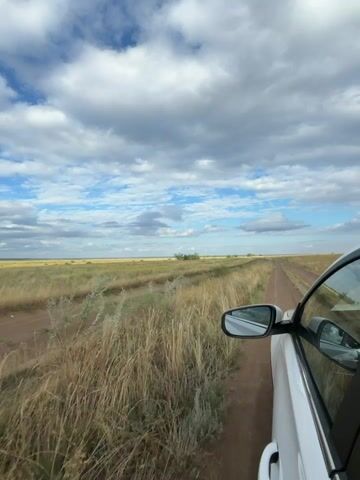 The video shows a view from inside a white car, looking out the passenger side window. The car is driving on a dirt road through a dry, grassy field under a cloudy sky. The road stretches out ahead, disappearing into the distance. In the foreground, tall, dry grass lines the side of the road. The sky is a mix of blue and white clouds, with patches of sunlight breaking through. The overall scene is one of open, rural landscape.