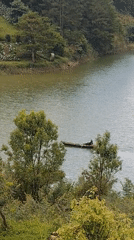 Person paddles wooden raft on serene Da Lat lake