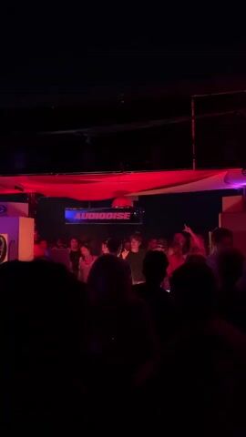 A dimly lit interior shot shows a crowd of people in a nightclub. The foreground is dark, showing only the silhouettes of people's heads and shoulders. In the midground, people are dancing, illuminated by red and purple stage lights. A DJ booth is visible on the right, with a person behind it. The background features a large horizontal sign that reads "AUDIODISE" in blue and white lettering, flanked by white pillars with lights. A red fabric awning stretches across the ceiling above the stage area.