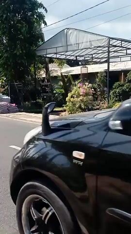 The video begins with a close-up of the rear of a dark-colored SUV, showing a spare tire mounted on the back. The license plate is visible and reads "DK 1055 IV." The vehicle appears to be in motion, driving past a roadside nursery. The camera then pans to the right, revealing rows of potted plants and trees displayed along the side of the road, some under a covered structure. Various types of plants, including flowering bushes, small trees, and palm trees, are visible. In the background, a white truck with a cargo box is seen passing by. The sky is partly cloudy, and the scene suggests a sunny day.