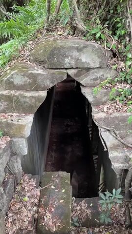The video shows a view from above looking down into a dark, stone-lined opening in what appears to be an ancient structure overgrown with vegetation. The opening is rectangular and appears to lead into a tunnel or passage. Stone steps lead down to the opening, and large, moss-covered stones form an archway above it. In the background, wooden walkways are visible, winding through overgrown ruins of stone buildings. Trees and green foliage are abundant, suggesting a jungle or heavily wooded environment. The scene conveys a sense of age and disrepair, with nature reclaiming the man-made structures. There are no people visible in the video.