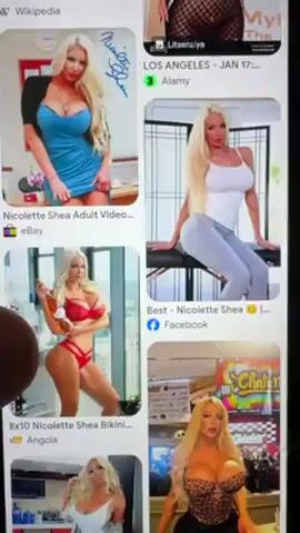 A person is scrolling through a series of images on a phone. The images show a blonde woman in various outfits, some revealing. The search query at the top of the screen indicates the woman's name is Nicolette Shea. The images are from various sources, including eBay, Facebook, and Alamy.