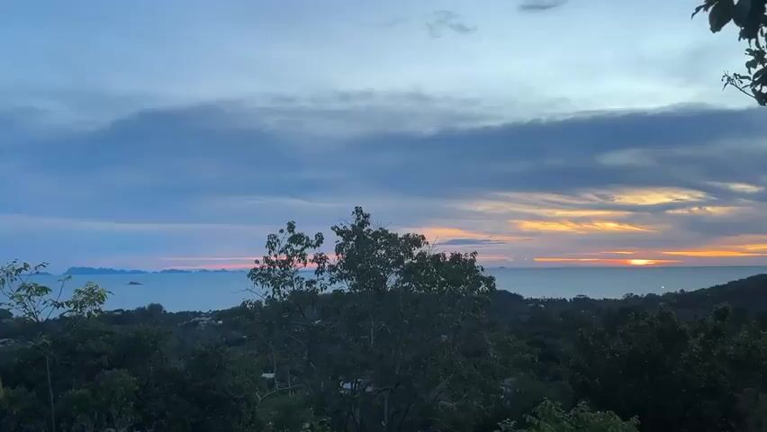 The video shows a sunset over the ocean, framed by trees in the foreground. The sky is filled with clouds, with hues of orange and yellow near the horizon where the sun is setting. The ocean appears calm, with landmasses visible in the distance. The trees are silhouetted against the fading light, creating a peaceful and scenic view.