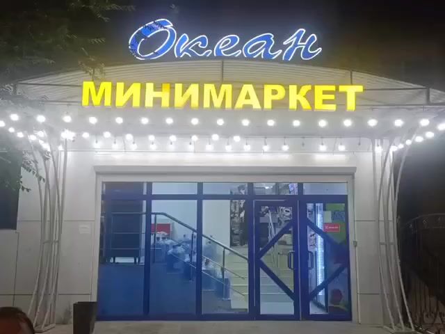 A man walks towards a minimarket at night. The minimarket has a sign that reads "Океан" (Ocean) in blue letters with a wave design, and below it, "МИНИМАРКЕТ" (Minimarket) in yellow letters. The entrance is framed by glass doors and decorated with strings of lights. The man is wearing a dark t-shirt and shorts. He is walking from left to right in the frame. The environment appears to be outdoors, with some foliage visible on the left side of the frame and the night sky above.
