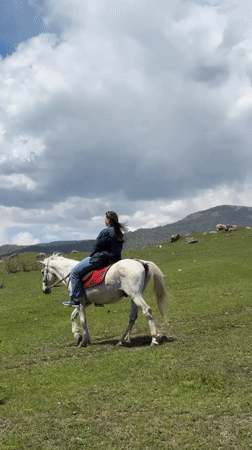 Two riders enjoy horseback outing in Armenian meadow