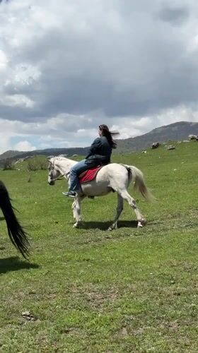 Two riders enjoy horseback outing in Armenian meadow