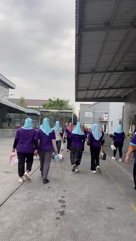 A group of women wearing purple shirts and light blue hijabs are walking away from the camera down a paved walkway. They are all carrying bags. The walkway is lined with buildings. The sky is overcast.