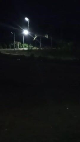 The video shows a very dark outdoor scene at night, illuminated by several streetlights. The ground in the foreground is dark and indistinct, possibly grass or dirt. In the distance, the streetlights illuminate some trees and vegetation. The camera appears to be handheld and moves slightly during the video.