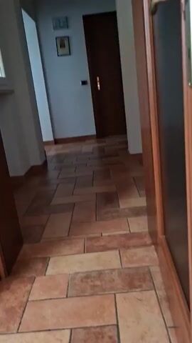 The video displays an indoor hallway with light-colored walls and a tiled floor composed of rectangular, reddish-brown tiles arranged in a pattern. On the left, a white-framed window with a dark handle is visible, below which is a white windowsill. Adjacent to the window, on a wall with small white tiles, two rectangular silver-colored electrical switches are stacked vertically, with a single dark-colored switch below them. A dark wooden door frame partially obstructs the right side of the frame, revealing a brass-colored door handle. Further down the hallway, on the left wall, two framed pictures are hanging, one below the other. At the end of the hallway, a closed dark wooden door with a brass-colored handle is visible. The camera slowly pans slightly left and then back to the right during the video. No individuals or specific actions are depicted.