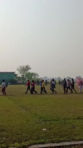 A group of people are walking across a grassy field. The group appears to be participating in some kind of parade or procession, as some individuals are carrying decorative items. The sky is clear and the sun is shining.