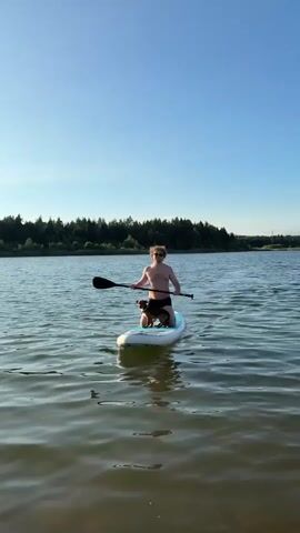 A young man with curly blond hair and sunglasses is kneeling on a stand-up paddleboard in a calm body of water. He is wearing black swim trunks. A small brown and black dog is also on the paddleboard, positioned in front of the man. The man is holding a paddle horizontally across his chest, with the blades on either side. The water is a greenish-brown color, and the sky is clear and blue. A treeline of dark green trees is visible in the distance along the shore. The video is a vertical shot, and the man and dog are the central focus. The man shifts his grip on the paddle and raises his arms briefly before lowering them. He then turns his head slightly to the right. The dog remains still.