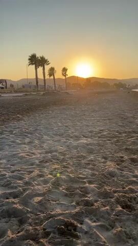 The video shows a sandy beach with palm trees and mountains in the background during sunset. The sun is low on the horizon, casting a warm golden light across the scene. The sand is wet and rippled, suggesting the tide has recently receded. In the distance, there are a few buildings and cars visible along the coastline. The ocean is calm and appears as a thin line to the right of the frame. The overall mood is peaceful and serene.