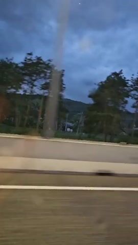 The video shows a blurry view of a highway scene at dusk or dawn. Tall evergreen trees are visible on a hillside in the background, with a cloudy, dark blue sky above. A white concrete barrier runs horizontally across the middle of the frame. The foreground consists of a dark, blurry road surface. A white car is seen driving past in the middle distance, its headlights on, creating a bright streak in the blur. The overall impression is of a fast-moving perspective from a vehicle.