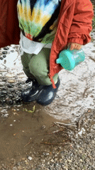 Toddler plays in puddle outside gate in Erba