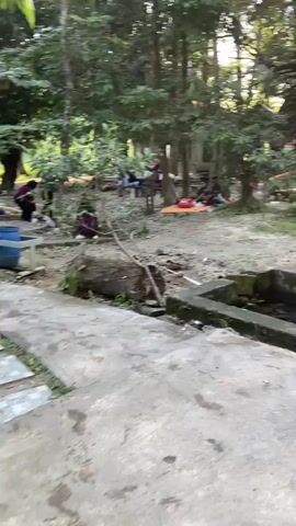 The video shows a group of people gathered in an outdoor area with trees and vegetation. Some individuals are sitting on the ground, while others are standing or walking. There are several objects visible, including blue barrels, a log, and what appears to be a drainage channel. The ground is covered with dirt and rocks. The overall impression is of a casual gathering or picnic in a somewhat unkempt environment.
