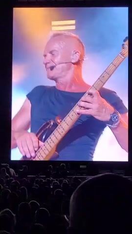 A large screen displays a performance of a male musician playing a bass guitar. He is wearing a dark t-shirt and jeans. The stage lighting is bright and colorful, with pink and blue hues dominating. In the foreground, the backs of many audience members' heads are visible, indicating they are seated and facing the screen. The video transitions between different camera angles of the musician.