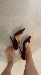 Trying on heels in London: red suede and black strappy styles