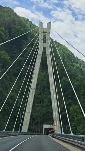 Vehicle crosses suspension bridge near Monastyr, Russia