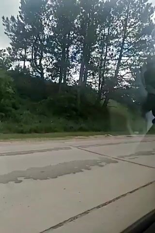 The video shows a car driving on a road with trees and a power line tower in the background. The weather is cloudy. The car is a dark color and appears to be a hatchback. The video is filmed from inside another car, looking out the windshield.