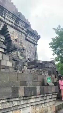 Here is a concise description of the video:

The video shows a low-angle shot of an ancient stone structure, possibly a temple or monument, built with large, dark gray blocks. The structure shows signs of age and some disrepair. The camera pans slowly upwards, revealing intricate carvings and designs on the stone surface. The sky is overcast, and there are trees visible in the background. There's also a green sign near the base of the structure.