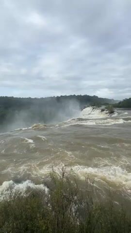 This is a vertical video of a wide, powerful waterfall. The water is a murky brown and churns violently as it cascades over a rocky ledge. Mist rises from the impact, obscuring the dense green foliage that lines the banks of the river and the distant hills. The sky is overcast with heavy, grey clouds. In the foreground, there are some rocks and green bushes. An Argentinian flag, light blue and white, flies on a flagpole in the upper left quadrant of the frame, with part of a wooden railing visible along the bottom left edge. There are no people clearly visible in the frame. The sound of the waterfall is prominent.