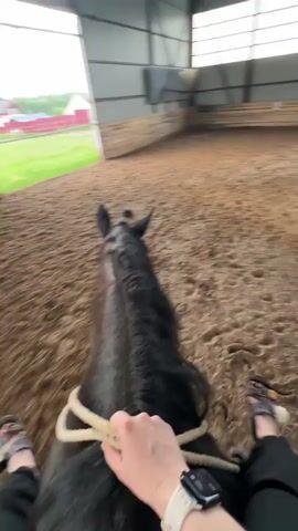 A first-person perspective shows someone riding a dark-colored horse within a covered riding arena. The arena features a packed dirt floor with numerous hoof prints, corrugated metal walls and roof, and wooden kick-boards along the lower perimeter. The rider's hands hold simple rope reins, and a white-banded smartwatch is visible on their wrist. Their feet, clad in open-toed sandals and dark pants, are also visible.

As the horse moves forward, it approaches an open end of the arena, transitioning from the indoor structure to the outdoors. The outdoor scene reveals a bright green grassy field under an overcast daytime sky. In the distance, trees line the horizon, and scattered small buildings with red roofs are visible, indicating a rural or semi-rural setting. The activity depicts a calm, steady horseback ride, moving from an indoor facility to an open natural environment.