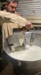 Man pours white liquid into container in Quetta