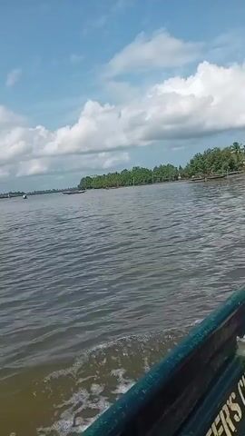 The video shows a view from a moving boat on a body of water, likely a river or bay. The water is slightly choppy and appears somewhat murky. On the opposite shore, there's a line of green trees and vegetation, with some buildings visible among the trees. The sky is blue with fluffy white clouds. The side of the boat is visible in the foreground, and it appears to be painted green. The video seems to be taken on a bright day with good visibility.