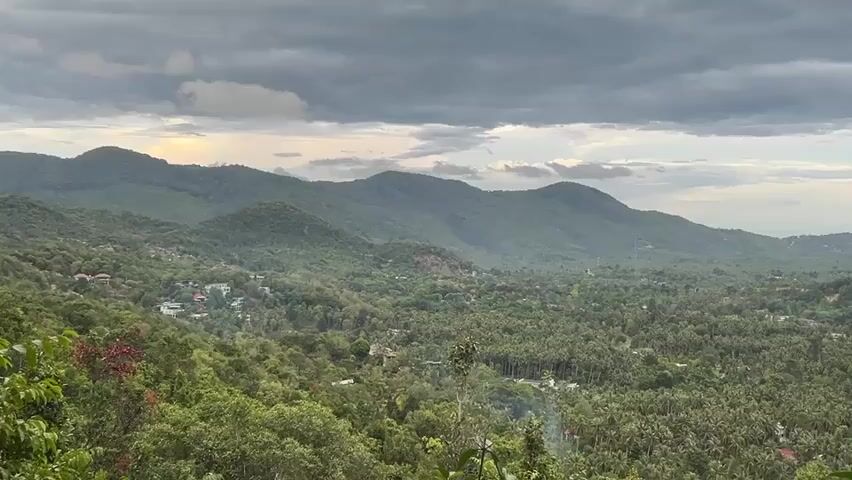 The video shows a scenic, elevated view of a lush, tropical landscape under a cloudy sky. In the foreground are green trees and bushes. Further out, a valley filled with dense foliage including palm trees stretches between rolling hills and mountains. Some buildings can be spotted nestled in the landscape. The sky is overcast with grey clouds, and hints of sunlight can be seen breaking through. The overall atmosphere is calm and tranquil.