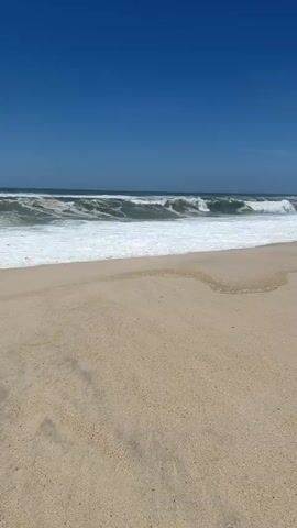 This media file depicts a serene beach scene in Torreira, Portugal. The vast expanse of the Atlantic Ocean dominates the frame, with gentle waves rolling towards the sandy shore. The sky is a clear, vibrant blue, suggesting a bright and sunny day, likely mid-morning or early afternoon given the illumination. The sand is a warm, light beige, marked with subtle ripples and the faint imprint of receding water.

The focal point of the video is the dynamic movement of the ocean. Waves are visibly forming and breaking, creating lines of white foam that stretch across the water's surface. The water itself transitions from a deep, dark green in the distance to a lighter, more translucent hue closer to the shore, further emphasizing the clarity of the water. The overall atmosphere is one of tranquility and natural beauty. There are no people or man-made objects visible, highlighting the untouched, wild aspect of this coastal landscape. The sound of the waves is a prominent feature, adding to the immersive experience of being present at this coastal location. The location cues, such as the characteristics of the waves and the quality of the light, combined with the context provided, pinpoint this as a typical view of the Portuguese coastline.