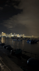 Nha Trang harbor at night, boats and glowing skyline