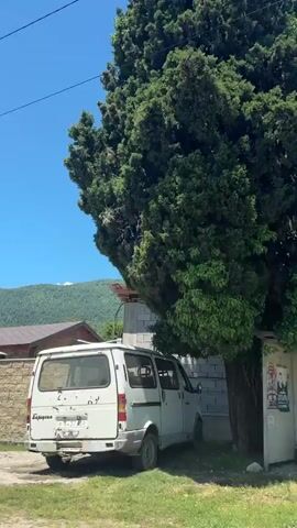 The video opens on a bright, sunny day, featuring a tall metal pole in the foreground against a clear blue sky with scattered white clouds. Behind the pole, a textured stone and block fence with dark stone pillars encloses several wooden houses with dark roofs. In the background, lush green, tree-covered mountains rise under the clear sky.

The camera then slowly pans to the right, revealing more of the rural landscape. A dirt road or path appears, bordered by green grass and shrubs. A white triangular road sign, indicative of a 'Yield' or 'Give Way' sign, stands on the left side of the path. Further along, a blue rectangular sign with unreadable white pictograms, possibly marking a bus stop or similar facility, is visible on a pole amidst green foliage. Overhead power lines crisscross the sky, connecting various utility poles. The scene captures a serene, mountainous, and rural environment in Psyrdzkha, Abkhazia, under clear weather conditions.