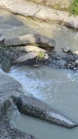 A body of water, appearing murky and possibly polluted, flows through a channel with concrete edges and large rocks. The water is churning in some areas, indicating movement and possibly a slight drop or obstruction. Vegetation, including grass and some small bushes, grows along the banks and among the rocks. The concrete structures appear weathered and possibly damaged, with some pieces broken or displaced. The overall impression is of an urban or semi-urban waterway that has been altered by human construction and possibly impacted by weather events like rain. The lighting suggests it is daytime, possibly a bright day given the clear visibility.
