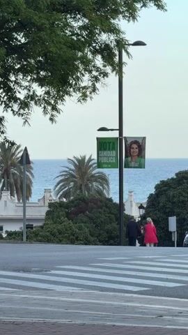 The video begins at street level, looking over a crosswalk towards a road with palm trees and buildings in the distance. Beyond the buildings, the ocean is visible. Attached to a light post are two campaign banners, one in green and one with a woman's photo. Two people cross the road, one wearing a red jacket. The camera then pulls back to reveal an ornate, dark metal gatehouse with an open gate. The camera pauses, and a bird flies into the frame and walks on the brick pavement.