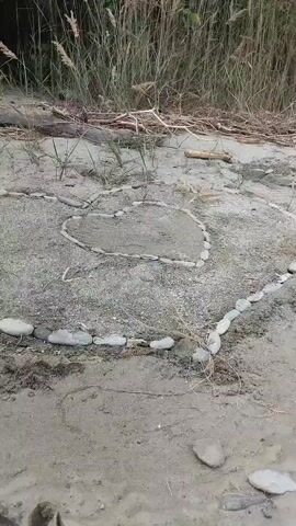 The video shows a heart shape made of stones on a sandy shore. The heart shape is partially filled with sand. Tall grass and trees are visible in the background. A river flows past the shore, with buildings and mountains in the distance. The sky is cloudy. The camera pans across the scene, showing different angles of the heart and the surrounding environment.